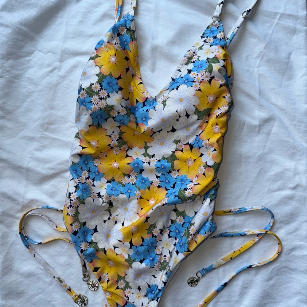 Floral One Piece Swimsuit - Blue, Yellow, White